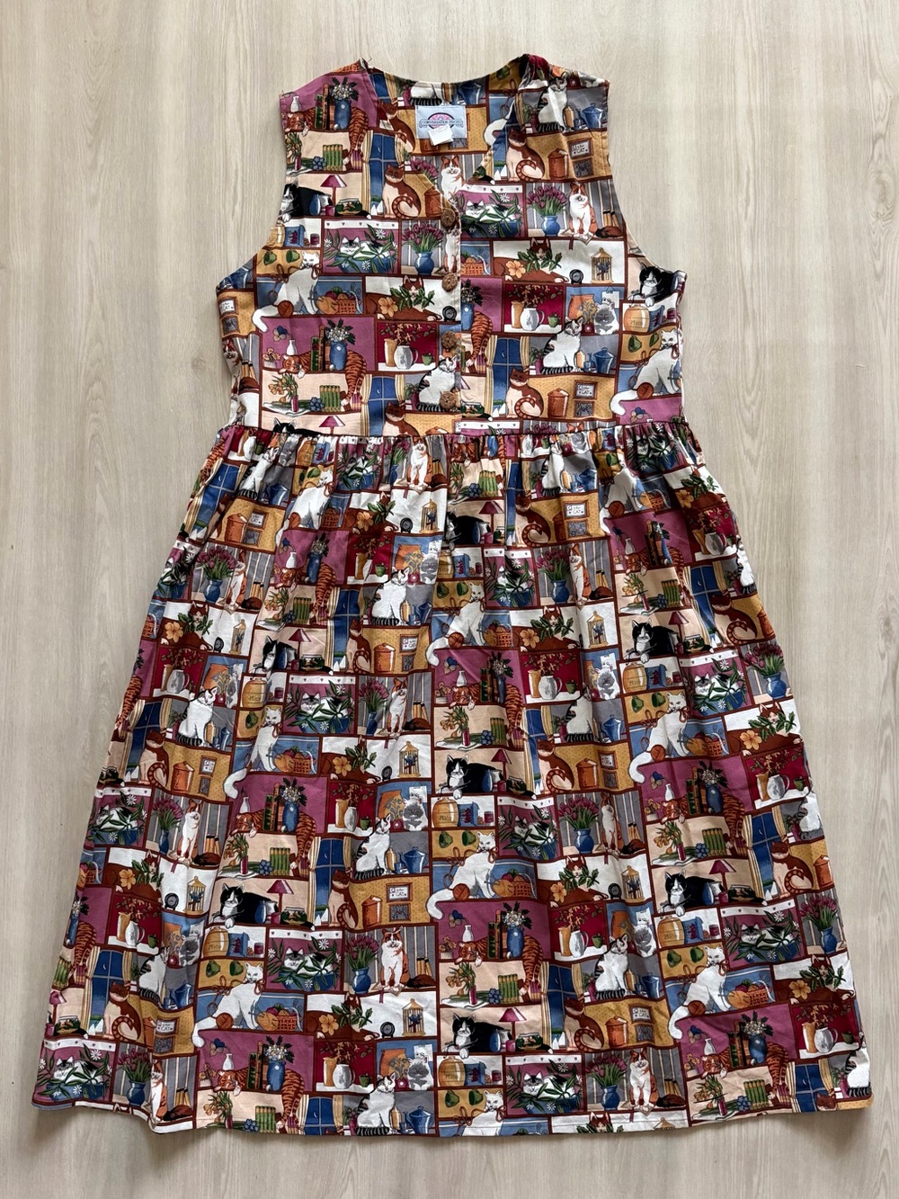 Vintage Conversation Pieces Cat Novelty Print Dress  Retro Quilt Patchwork Sz L